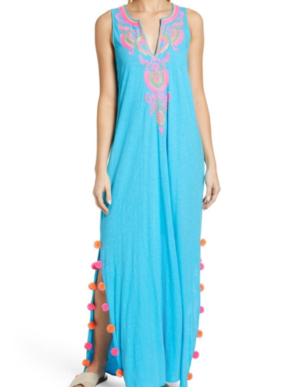 Lilly Pulitzer Nolia Maxi Dress Embroidered Pom Pom Sleeveless Turquoise XL